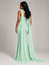 Pleated Chiffon Lace Prom Dresses Long Bodycon Mermaid with Scarf