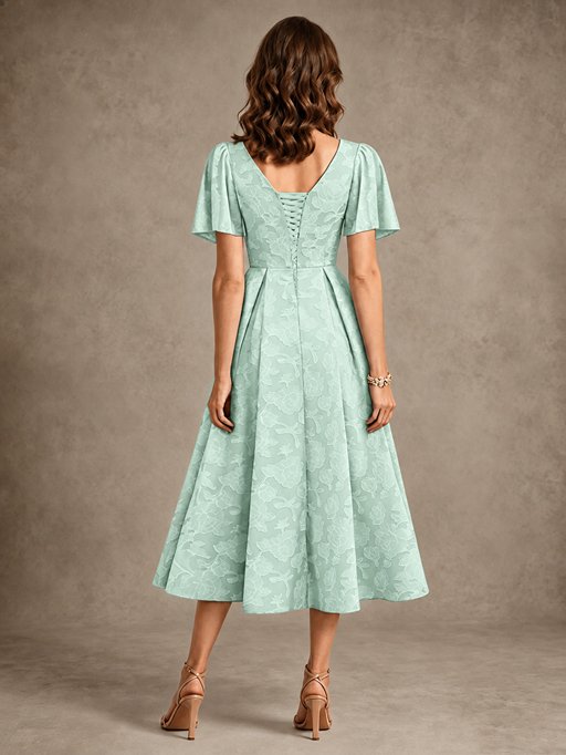 V-Neck Floral Jacquard Tea-Length Mother of the Bride Dress
