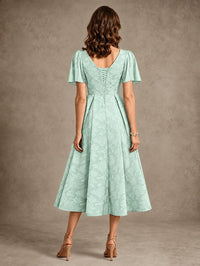 V-Neck Floral Jacquard Tea-Length Mother of the Bride Dress