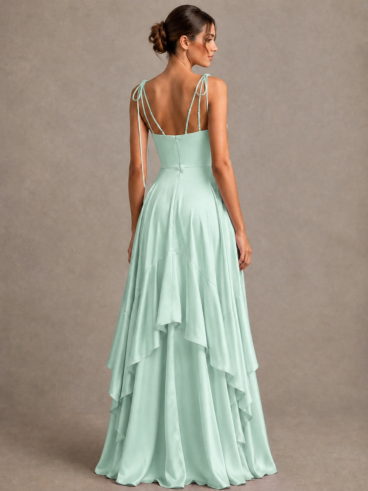 Lavender Satin V-Neck Ruffle Maxi Dress