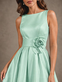 Tea-Length Satin Mother of the Bride Dress with 3D Flower Detail