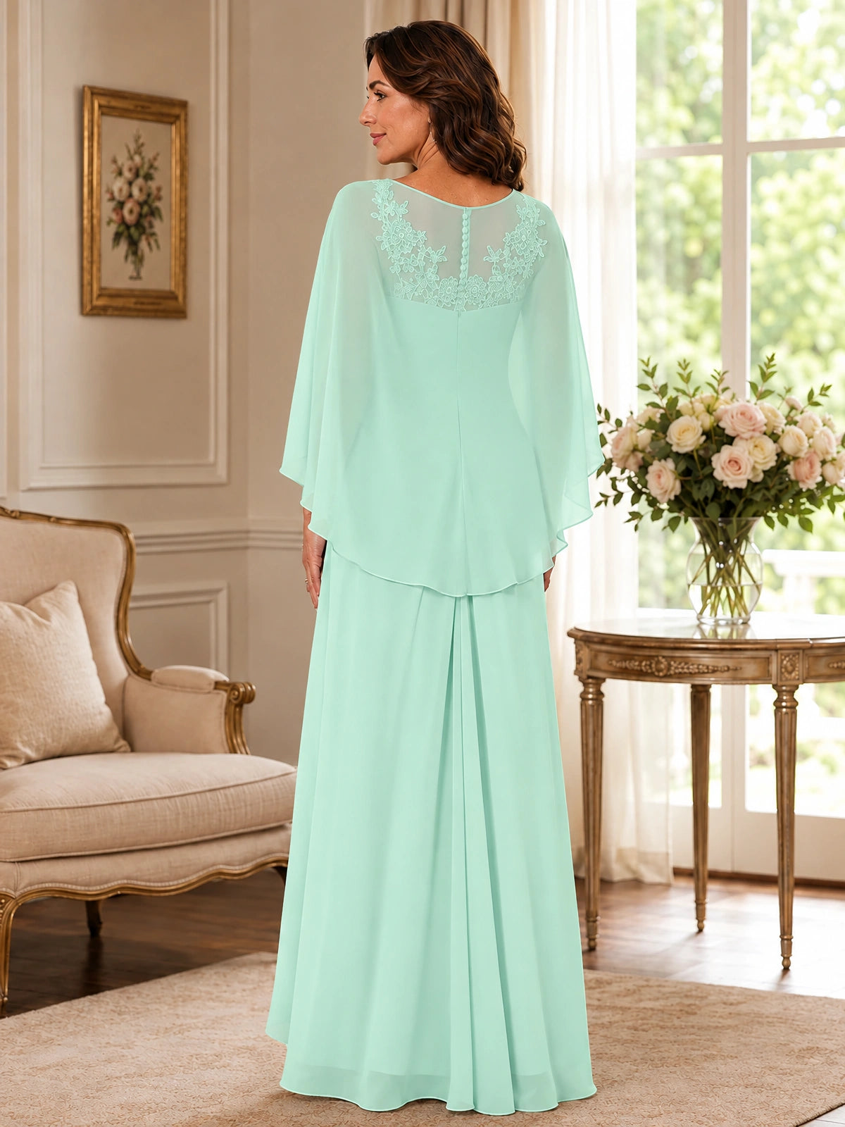 Elegant Chiffon Mother of the Bride Dress with Lace Applique and Cape Sleeves