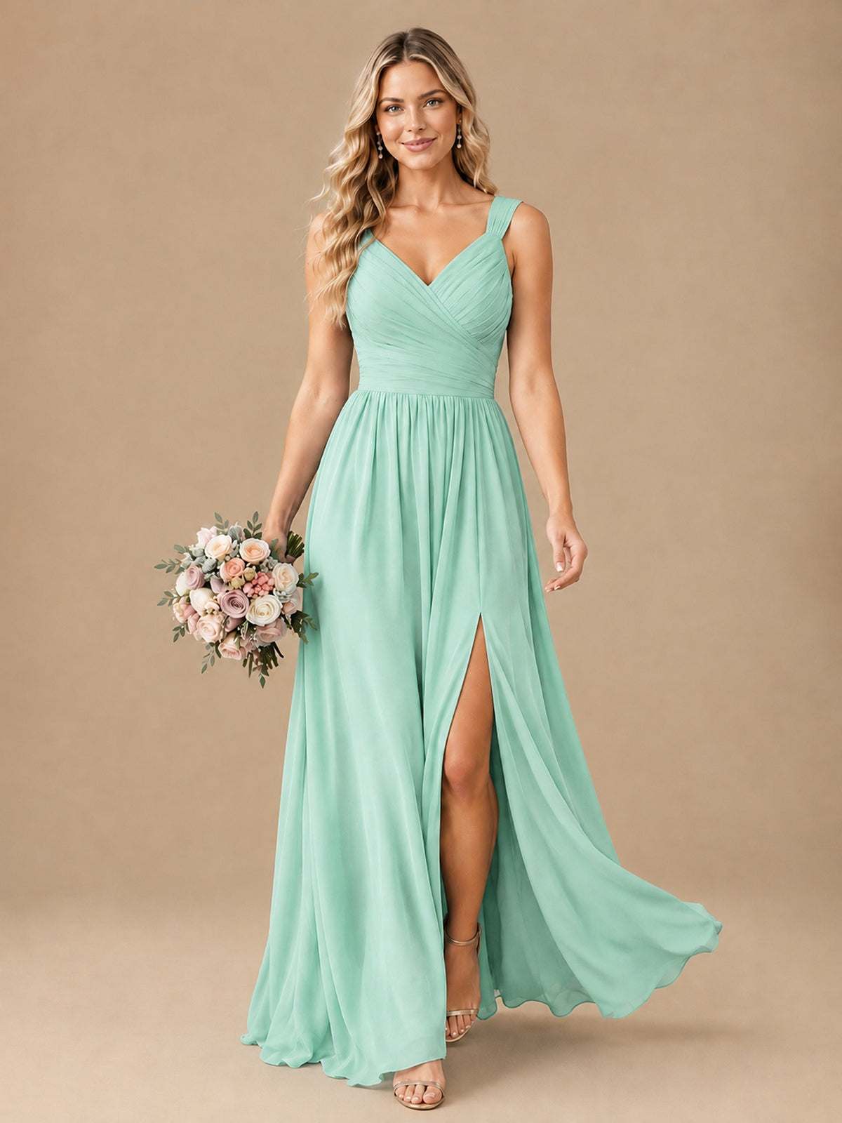 Pleated Chiffon V Neck Wedding Bridesmaid Dresses Floor Length with Slit