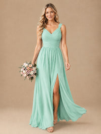 Pleated Chiffon V Neck Wedding Bridesmaid Dresses Floor Length with Slit