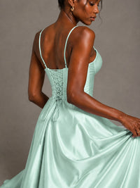 Lavender V Neck Satin Prom Dress with Spaghetti Straps