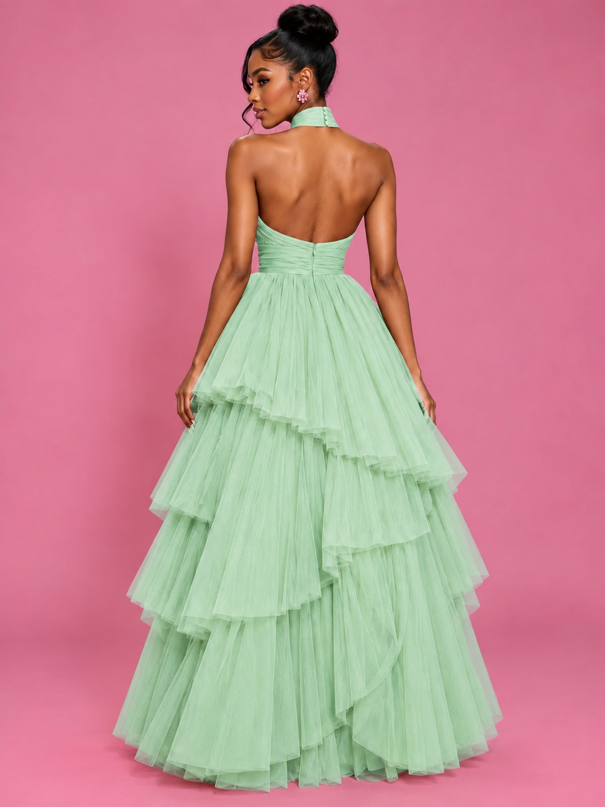 Hot Pink Tulle Halter Neck Tiered Ruffle Maxi Dress