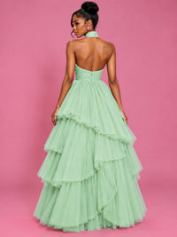 Hot Pink Tulle Halter Neck Tiered Ruffle Maxi Dress