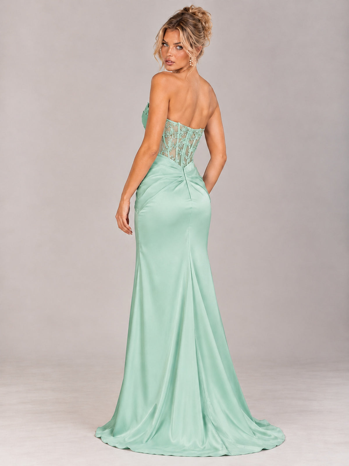 Strapless Satin Prom Dress with Sheer Lace Corset & High Slit