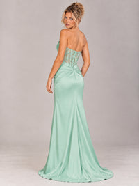 Strapless Satin Prom Dress with Sheer Lace Corset & High Slit
