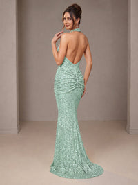 Gold Halter Sequin Mermaid Ruched Prom Dress Long Ruched Evening Gown