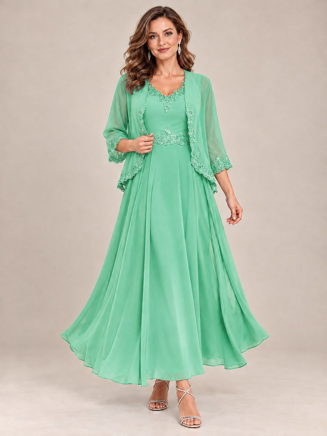 Dusty Blue Floral Lace Chiffon Mother of the Bride Dress with Jacket
