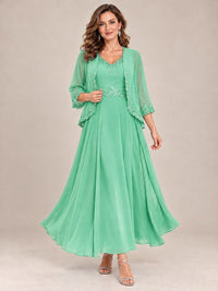 Dusty Blue Floral Lace Chiffon Mother of the Bride Dress with Jacket