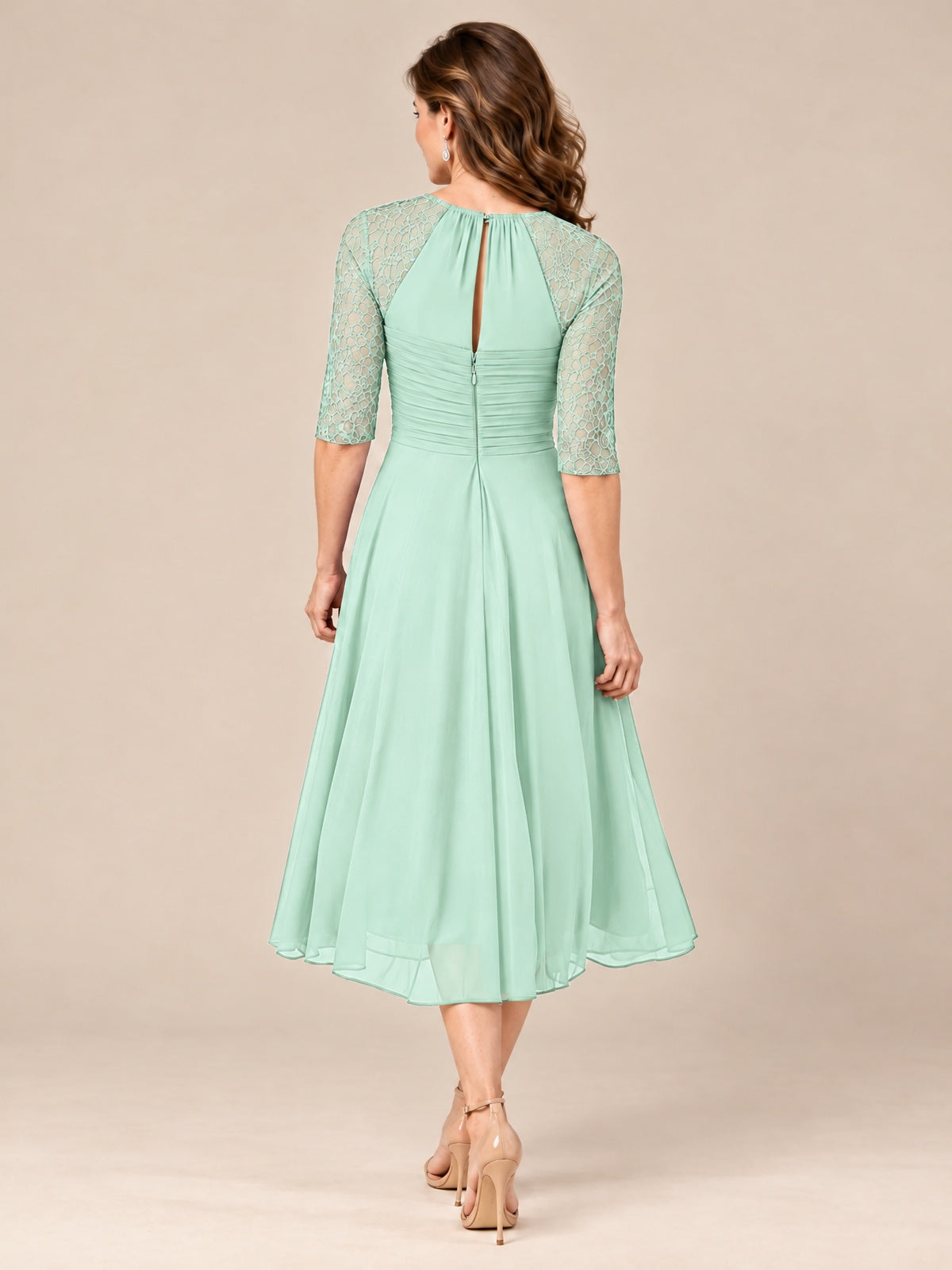 Tea-Length Mother of the Bride Dress with Lace 3/4 Sleeves