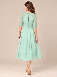 Tea-Length Mother of the Bride Dress with Lace 3/4 Sleeves