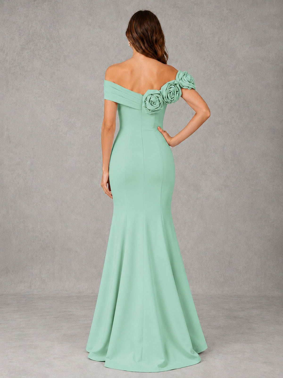 Blush Pink Off Shoulder Mermaid Bridesmaid Dress with Floral Rosette