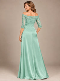 Satin Mother of the Bride Dress with Lace Sleeves Off Shoulder Formal Gown