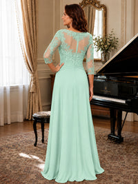 A-Line Chiffon Mother of the Bride Dress with Floral Applique 3/4 Sleeves