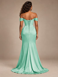 Burgundy Off-the-Shoulder Satin Corset Prom Dress with Slit