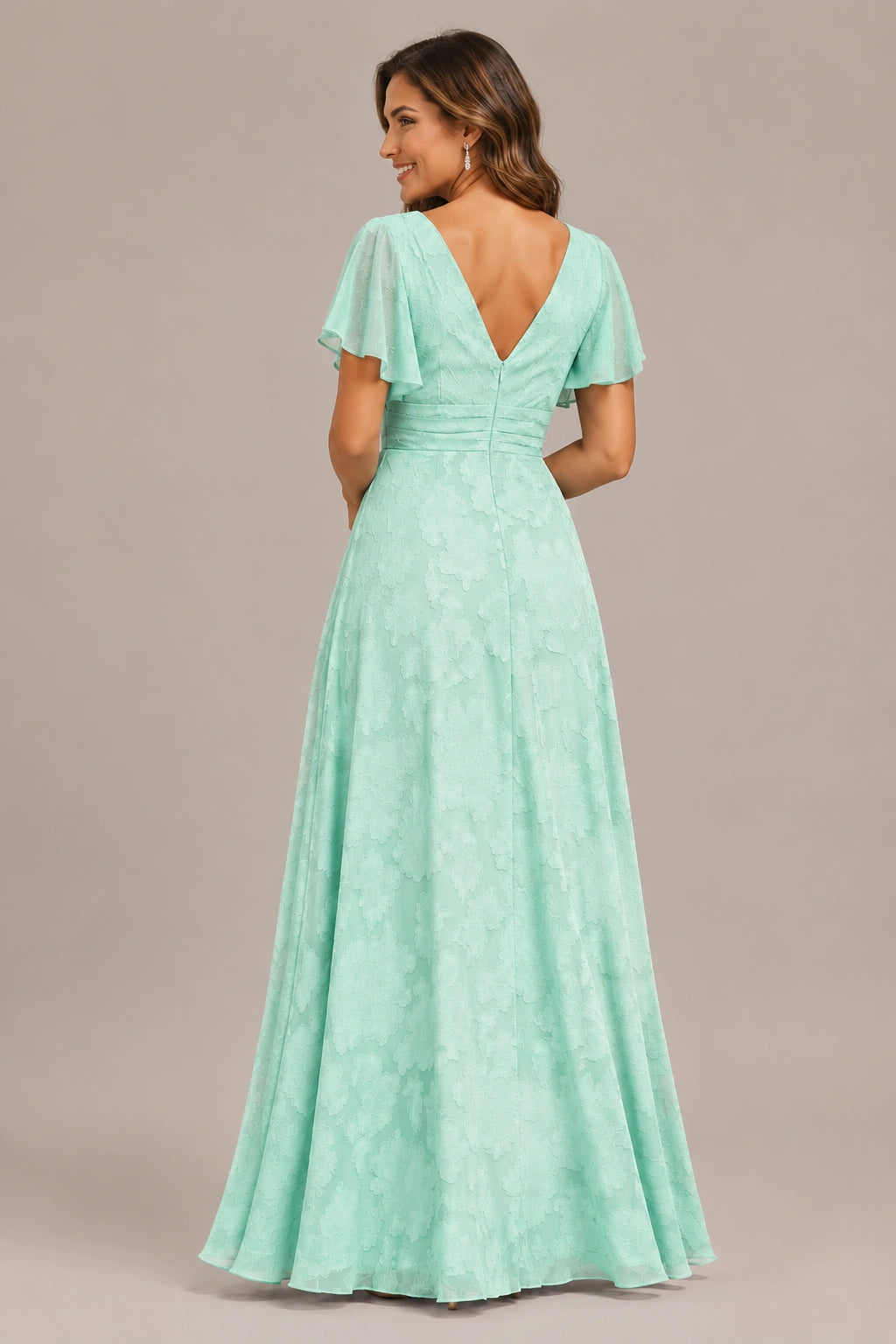 Jovellee Floral Chiffon A-Line Mother of the Bride Dress with Flutter Sleeves
