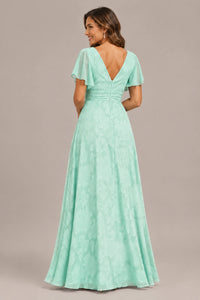 Jovellee Floral Chiffon A-Line Mother of the Bride Dress with Flutter Sleeves