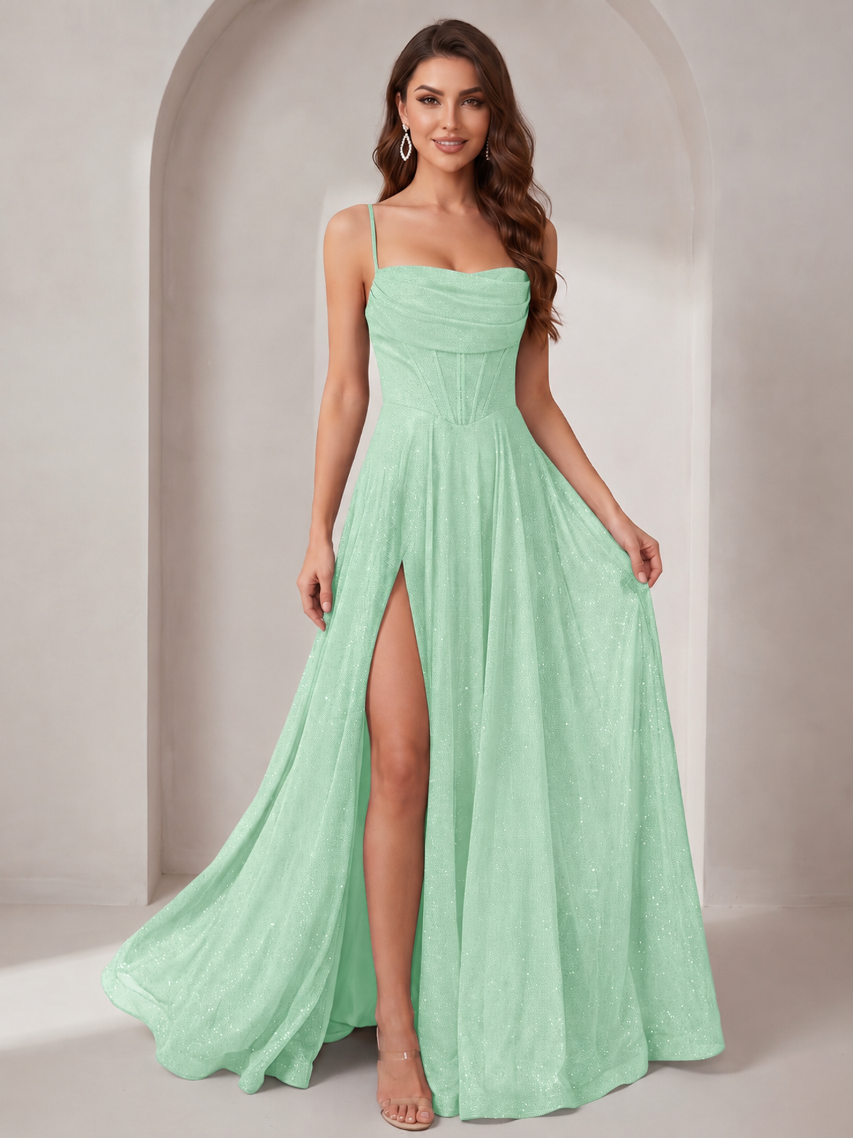 Sparkly Cowl Neck Corset Long Prom Dress with Slit A-line Tulle Ball Gown