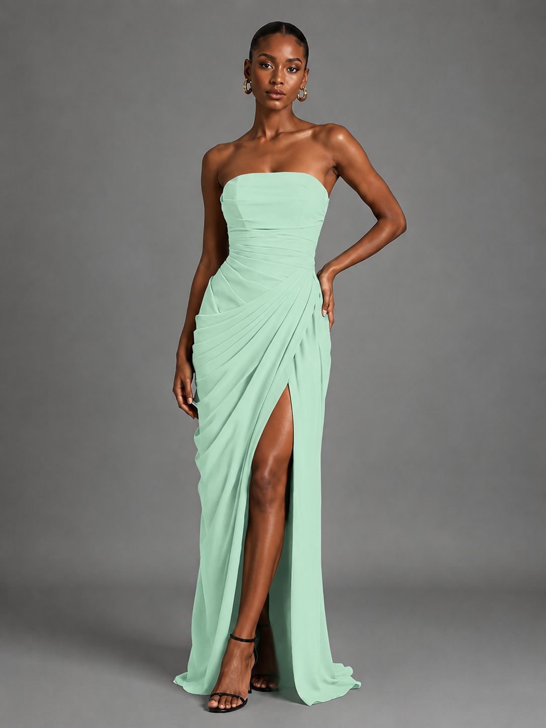 Strapless Bodycon Pleated Chiffon Formal Dress with Slit