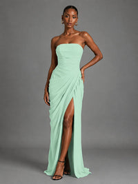 Strapless Bodycon Pleated Chiffon Formal Dress with Slit