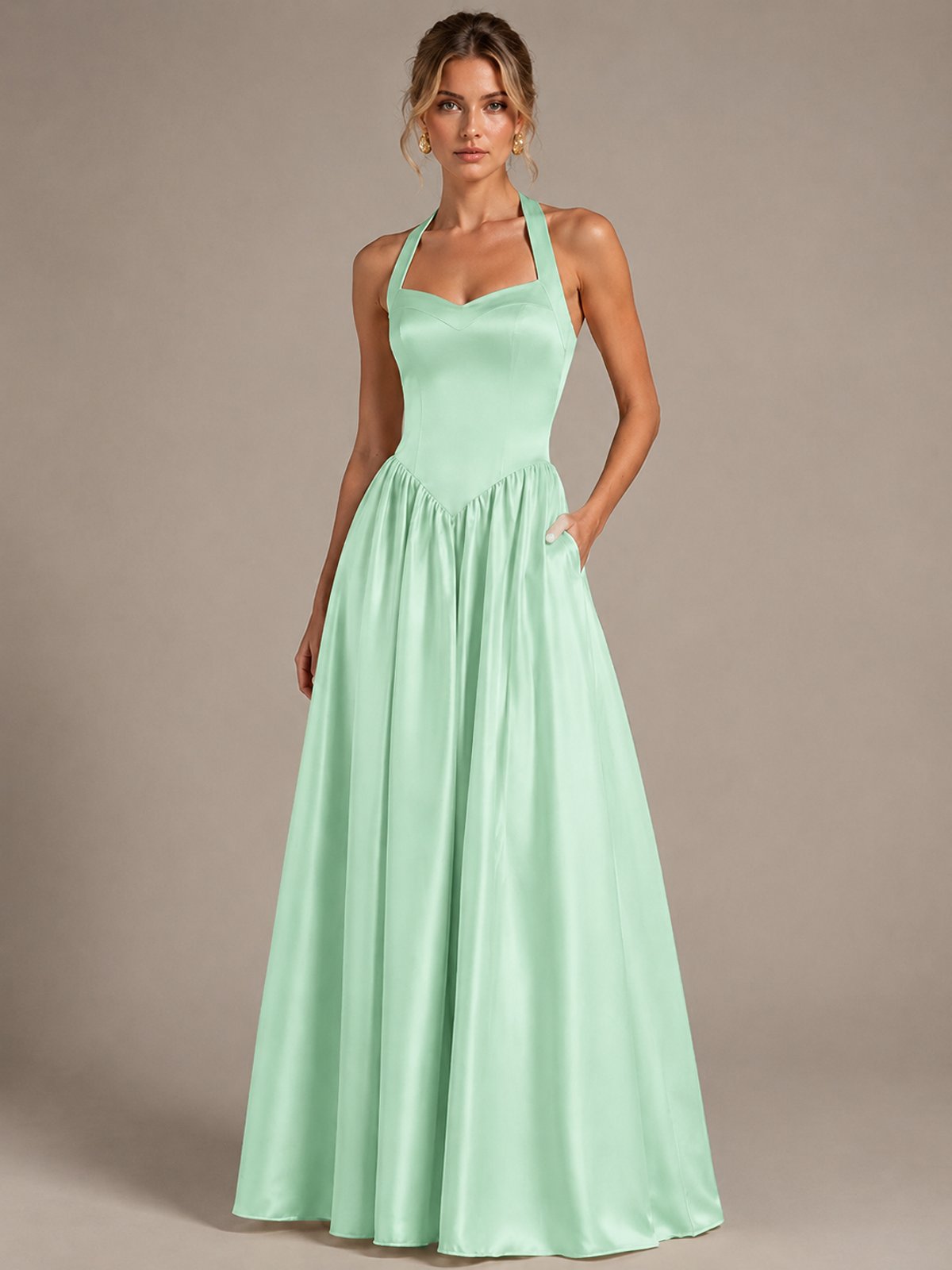 Light Yellow Halter Neck Satin A-Line Maxi Dress with Pockets