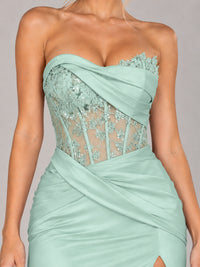 Strapless Satin Prom Dress with Sheer Lace Corset & High Slit
