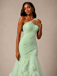 Blush Pink One Shoulder 3D Floral Mermaid Prom Dress