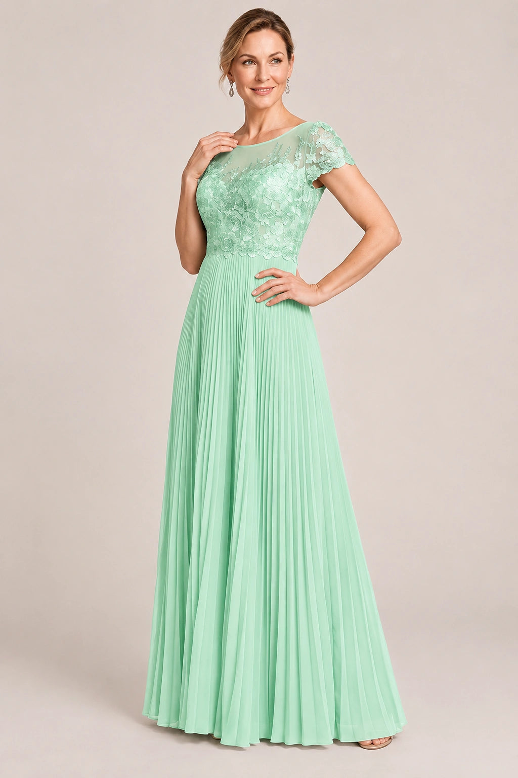 Embroidered Lace Pleated Mother of the Bride Dress