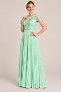 Embroidered Lace Pleated Mother of the Bride Dress