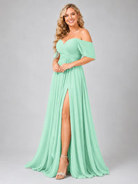 Off Shoulder Chiffon Bridesmaid Dress with Slit