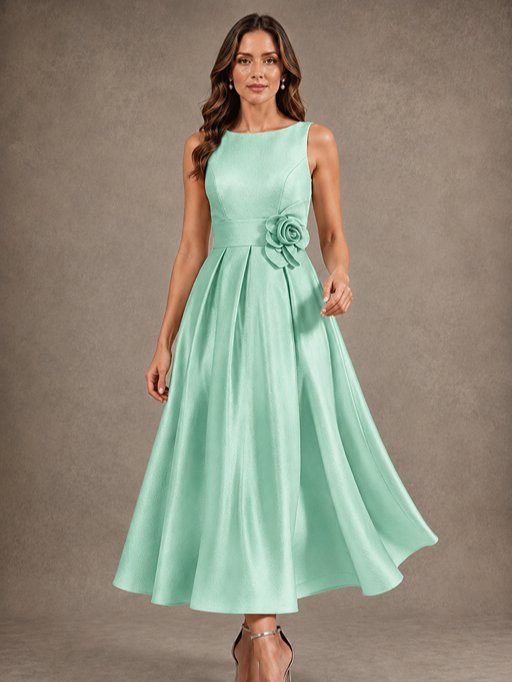 Tea-Length Satin Mother of the Bride Dress with 3D Flower Detail