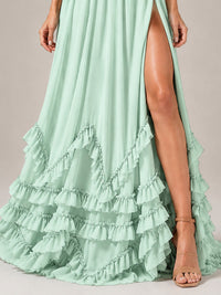 Halter V Neck Chiffon Formal Dress with Lace-Up Back and Ruffle Hem