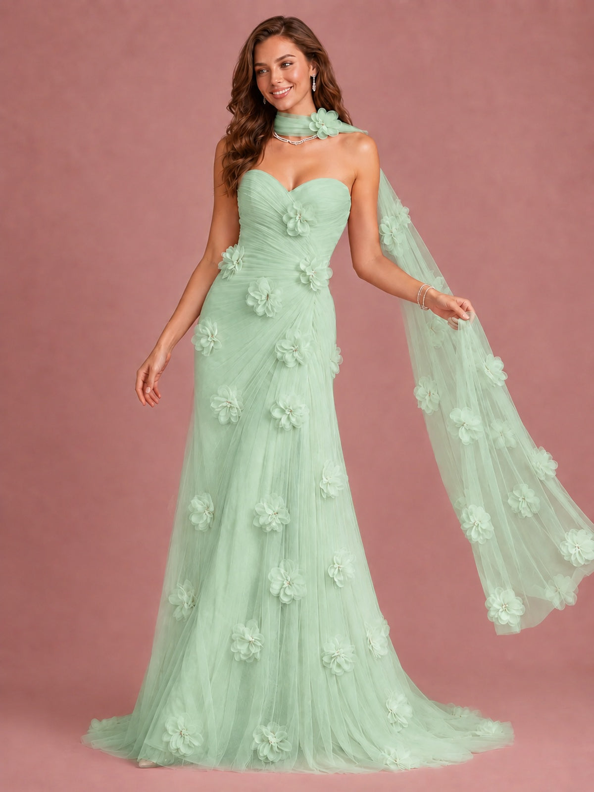 Blush Pink Strapless Sweetheart 3D Floral Tulle Mermaid Prom Dress