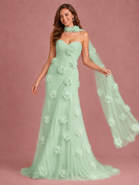 Blush Pink Strapless Sweetheart 3D Floral Tulle Mermaid Prom Dress