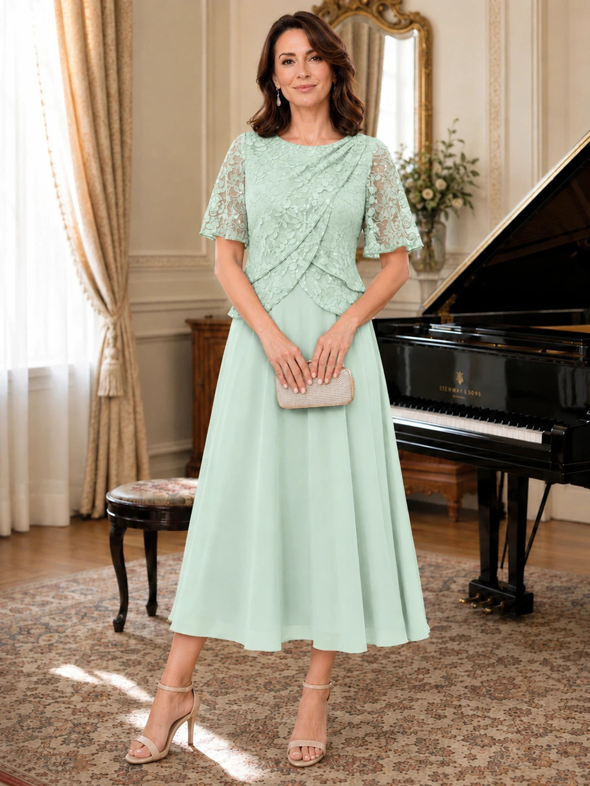 Tea-Length Chiffon Mother of the Bride Dress with Sequin Lace Sleeves