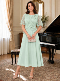 Tea-Length Chiffon Mother of the Bride Dress with Sequin Lace Sleeves