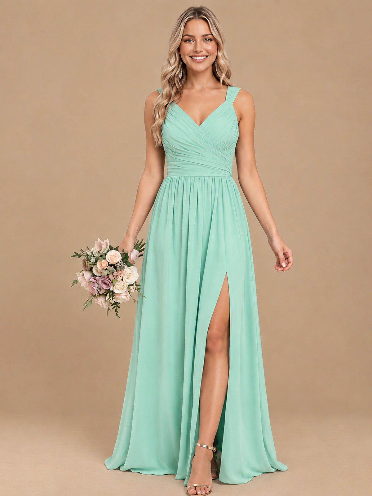 Pleated Chiffon V Neck Wedding Bridesmaid Dresses Floor Length with Slit