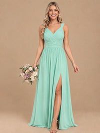 Pleated Chiffon V Neck Wedding Bridesmaid Dresses Floor Length with Slit