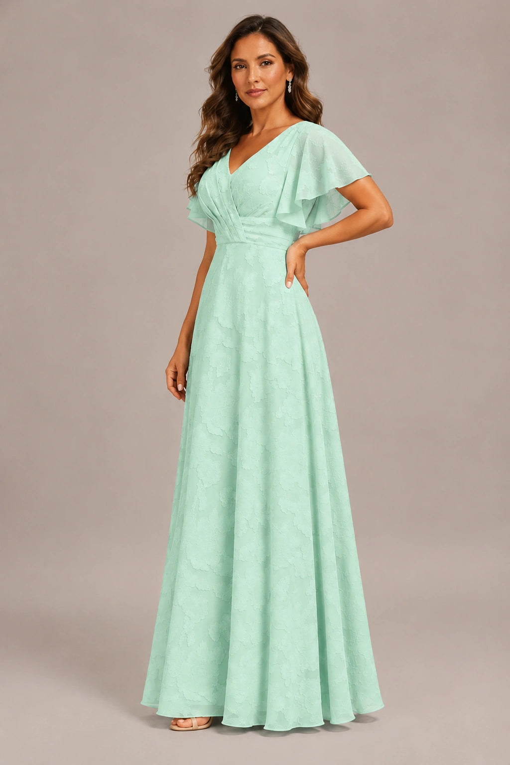 Jovellee Floral Chiffon A-Line Mother of the Bride Dress with Flutter Sleeves