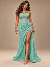 Gold Sequin Strapless Corset Prom Dress with High Slit