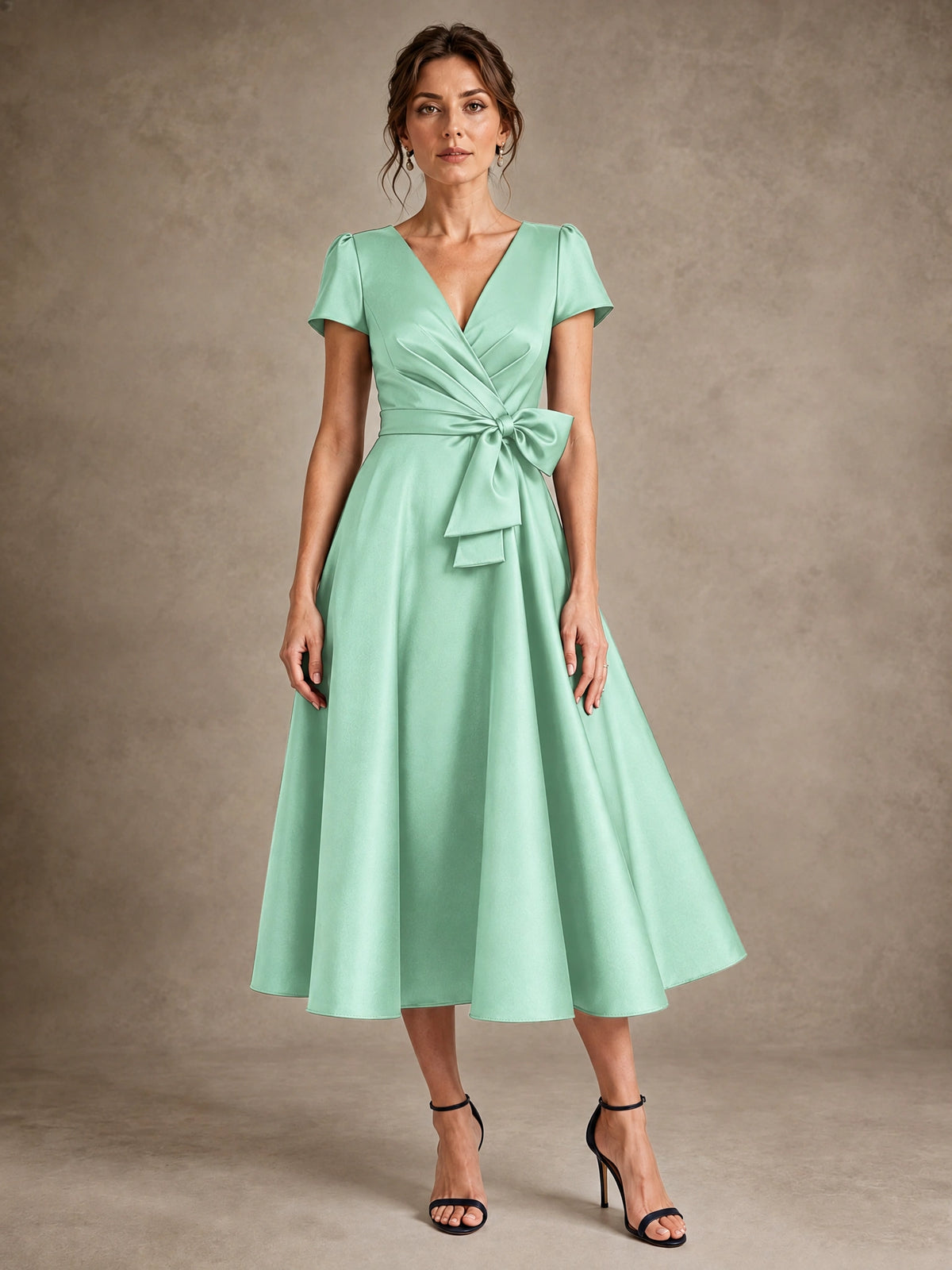 Mint Green V-Neck Tea-Length Satin Mother of the Bride Dress with Bow Jovellee