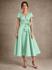 Mint Green V-Neck Tea-Length Satin Mother of the Bride Dress with Bow Jovellee
