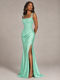 Scoop Neck Sequin Prom Dress with High Slit Satin Formal Gowns