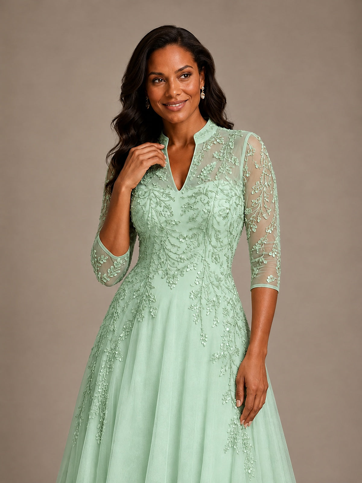 Embellished Appliques Mother of the Bride Dress with 3/4 Sleeves
