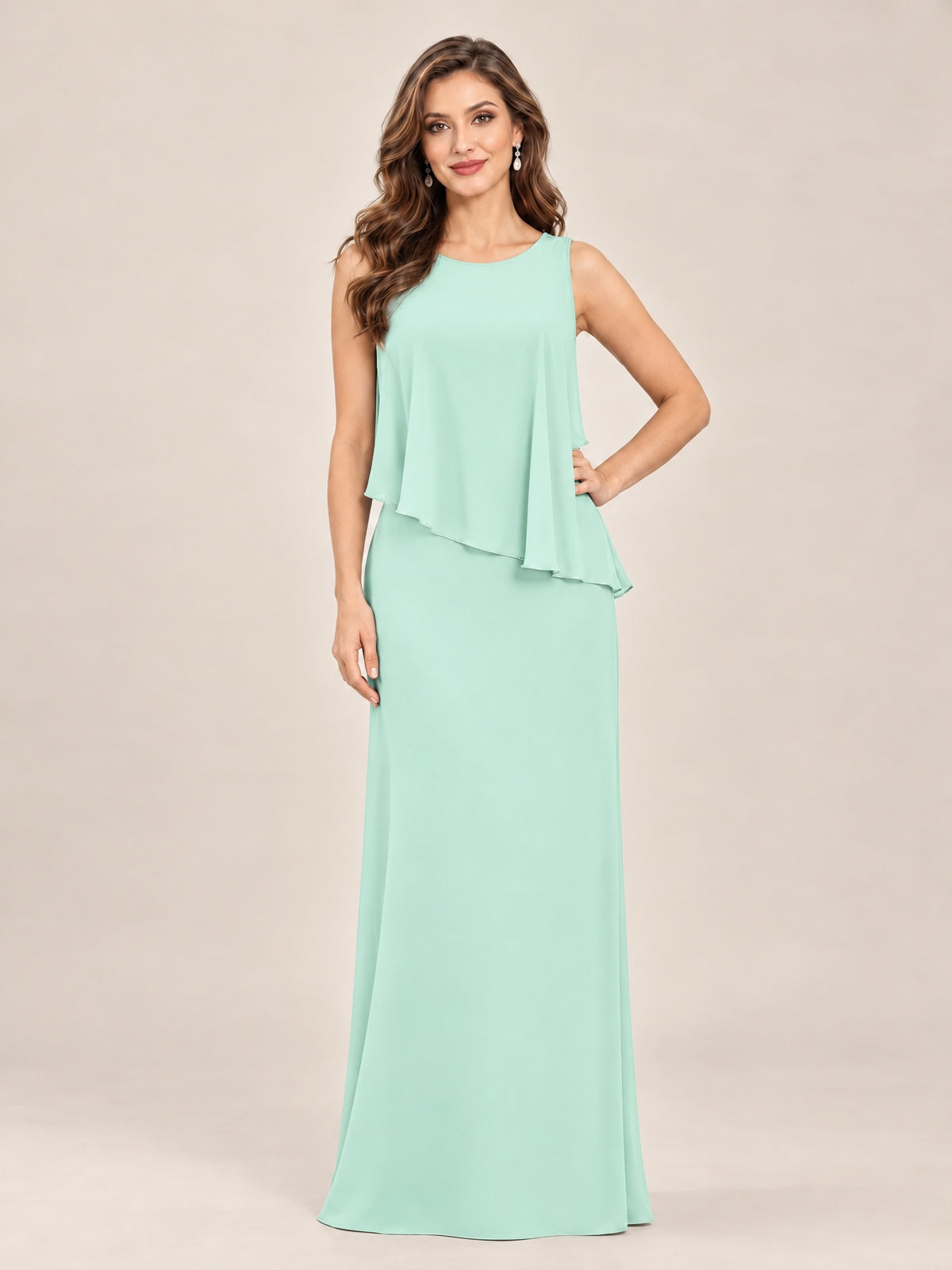 Cape Sleeve Mother of the Bride Dress with Asymmetrical Overlay