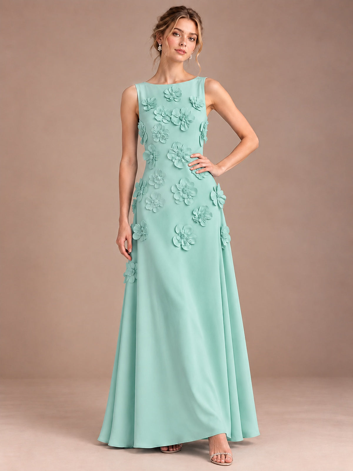 3D Floral Applique Sleeveless Formal Maxi Dress