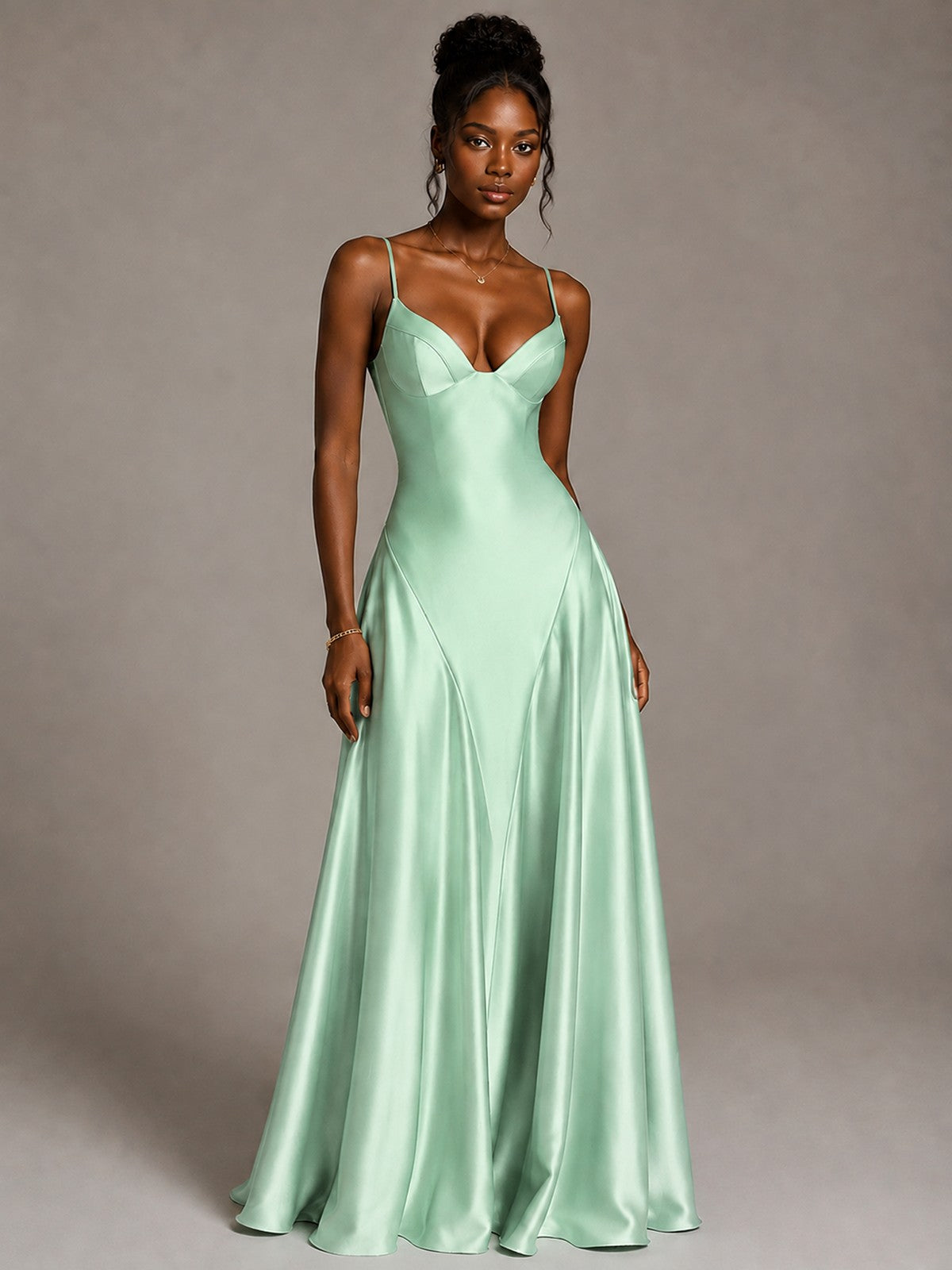 Lavender V Neck Satin Prom Dress with Spaghetti Straps